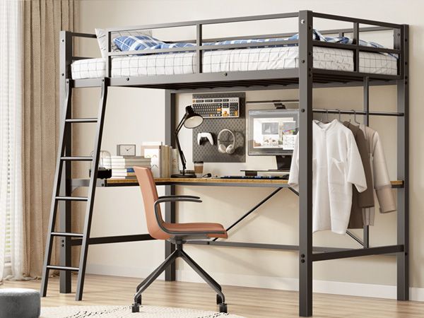 Twin Metal Loft Bed With L-Shaped Desk, Charging Station Loft Bed Frame Twin Size, Safety Guard & Ladder, No Box Spring Needed, Black